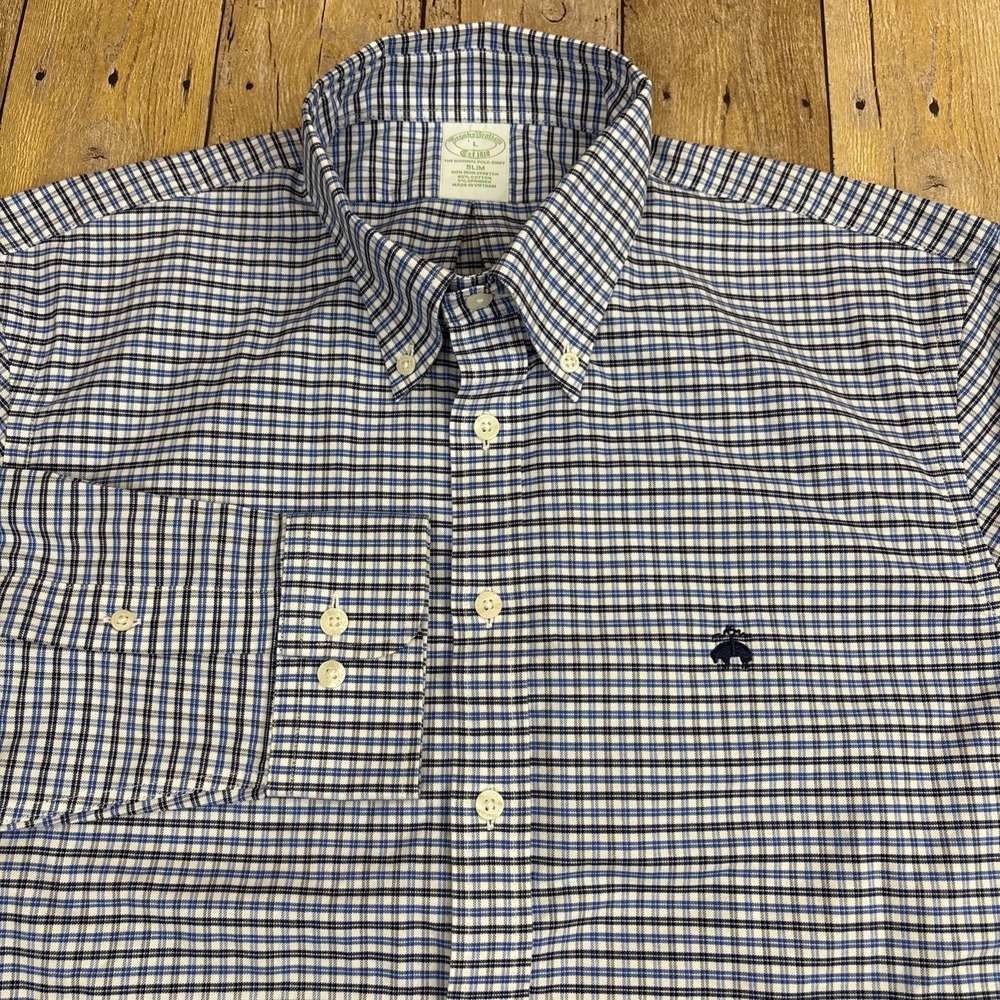Brooks Brothers Oxford Shirt Slim Fit Non Iron Stretch Golden Fleece Logo Large